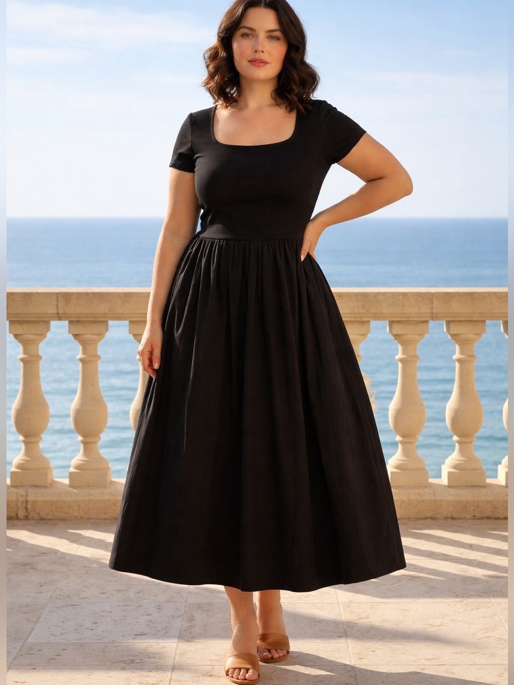 NWT Marcella Sierra Dress Black Square Neck Ponte & Cotton Blend Sz PXL Pockets